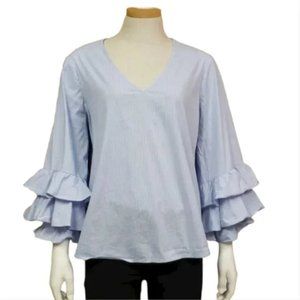 Ivanka Trump Womens Blouse Size L  Blue & White Striped Long Sleeve With Ruffles